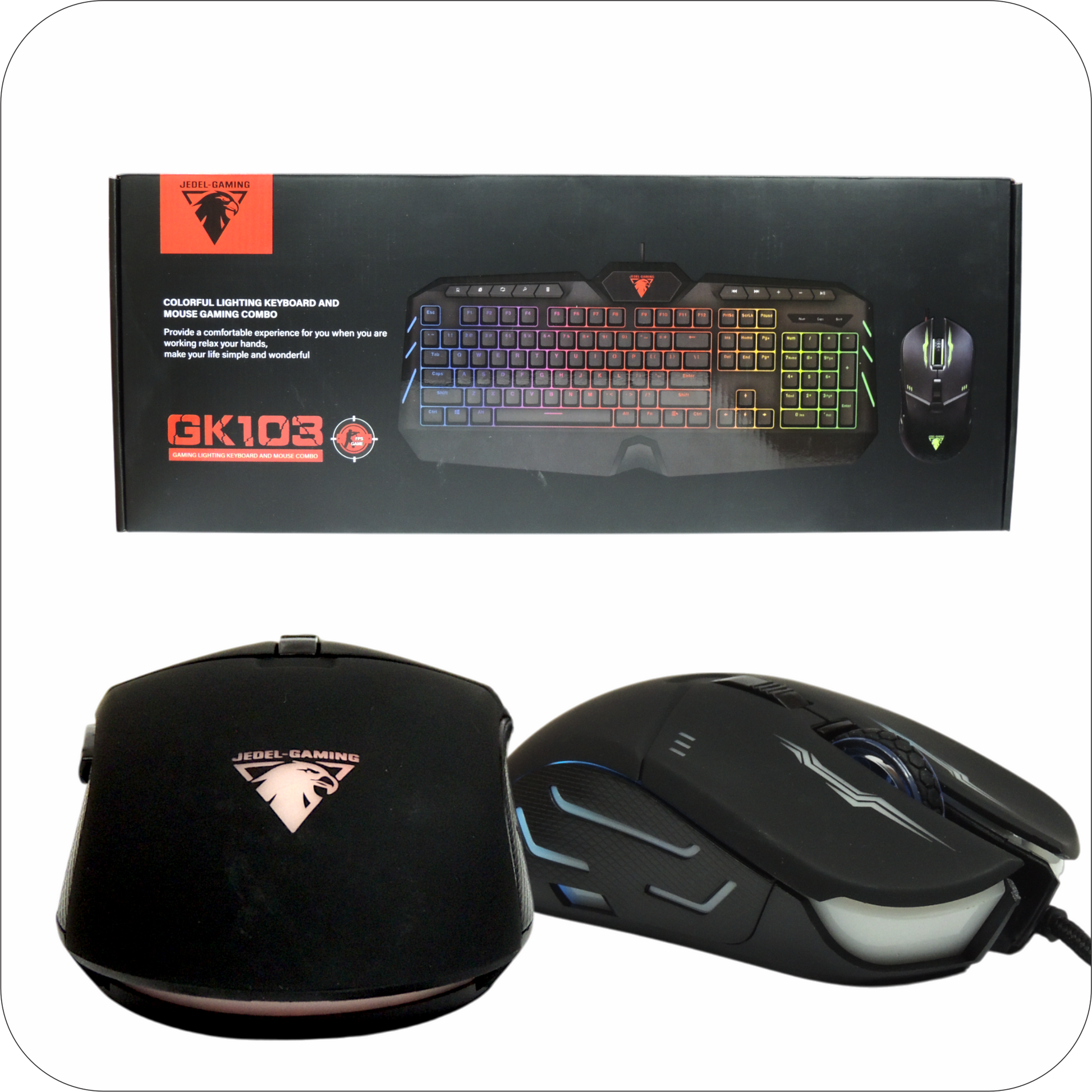 empaque de combo de teclado y mouse jedel gaming  gk103 negro con retroiluminacion rgb 