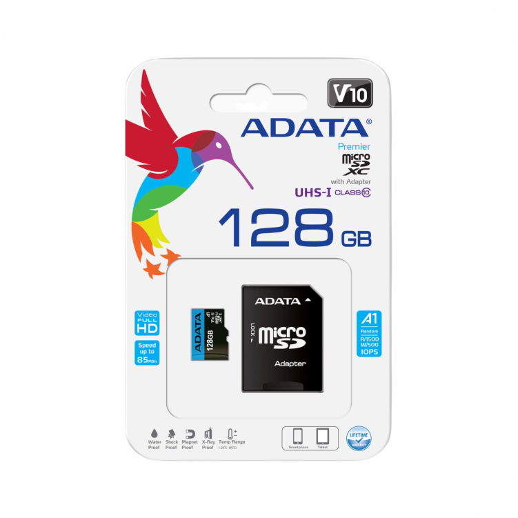 empaque de tarjeta microSD ADATA 128gb  V10 A1 clase 10 con adaptador SD para celulares y tablets 