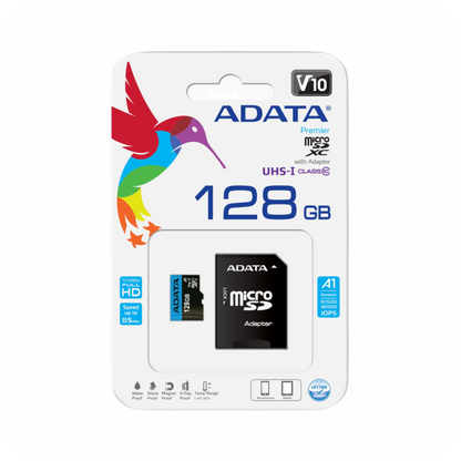 empaque de tarjeta microSD ADATA 128gb  V10 A1 clase 10 con adaptador SD para celulares y tablets 