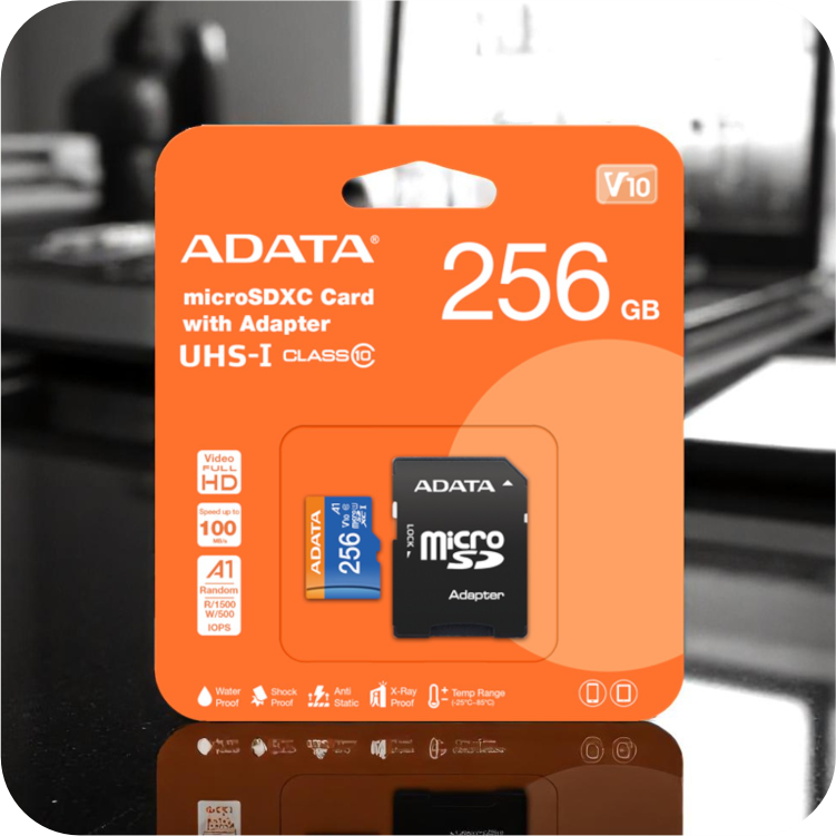 empaque de tarjeta microSD ADATA de 256gb con adaptador SD incluido