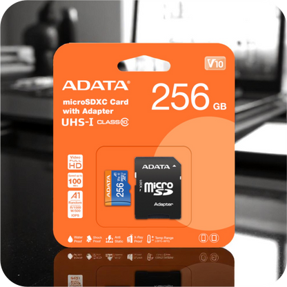 empaque de tarjeta microSD ADATA de 256gb con adaptador SD incluido