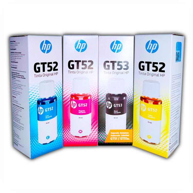 empaques de tintas originales HP en color negro, cian, magenta y amarillo