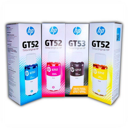 empaques de tintas originales HP en color negro, cian, magenta y amarillo