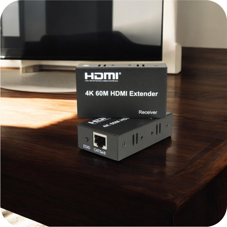 extensor HDMI 4K de 60m en su empaque, sobre un fondo de mesa de madera