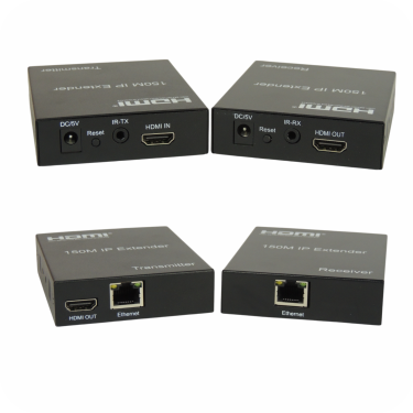 extensor HDMI de 150m  IP en su empaque, sobre un fondo blanco