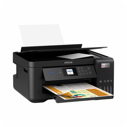 impresora multifuncional Epson en proceso de impresión, mostrando documentos a color