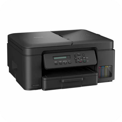Impresora multifuncional negra con alimentador automático y tanque de tinta visible