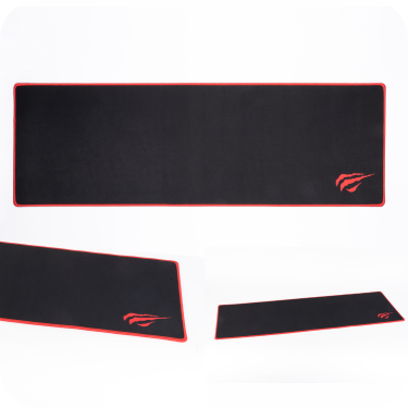 diferentes angulos de mouse pad negro con bodes y logo rojos