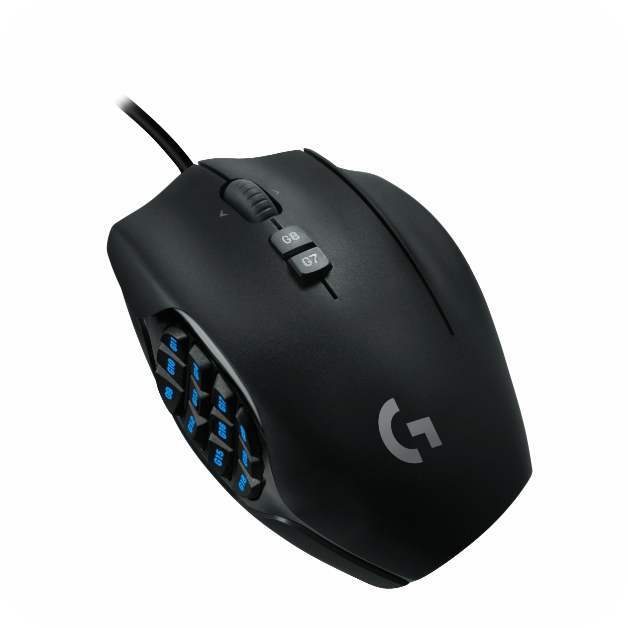 mouse Logitech G600 con conexión USB, 12 botones laterales, software G HUB y diseño especial para MMO