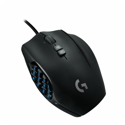 mouse Logitech G600 con conexión USB, 12 botones laterales, software G HUB y diseño especial para MMO