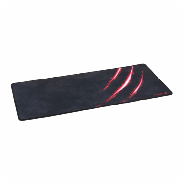 mouse pad negro con un diseño de garra y logo rojos 
