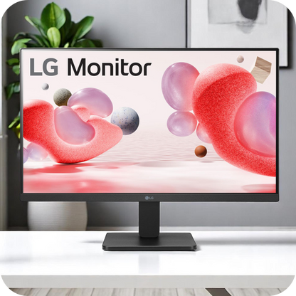 monitor lg negro sobre escritorio blanco en uso