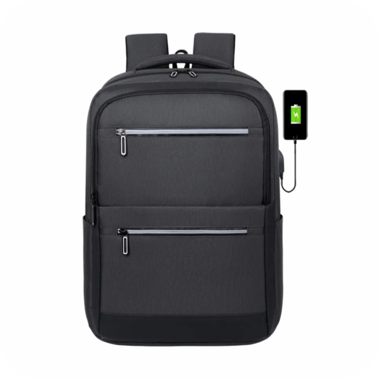 morral gris con detalles negros y puerto de carga usb 