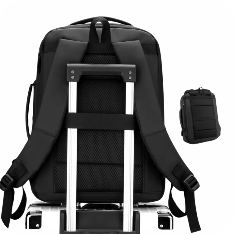 morral negro con cinta de equipaje  para viaje