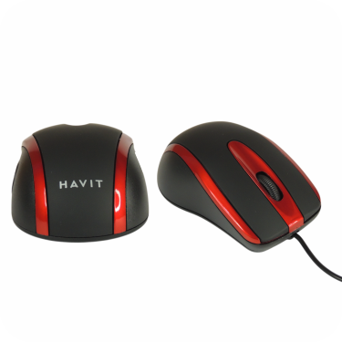 mouse havit alambrico  negro con detalles rojos metalicos