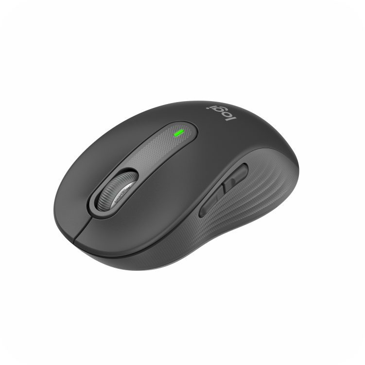 mouse Logitech visto desde arriba, mostrando el diseño y luz indicadora