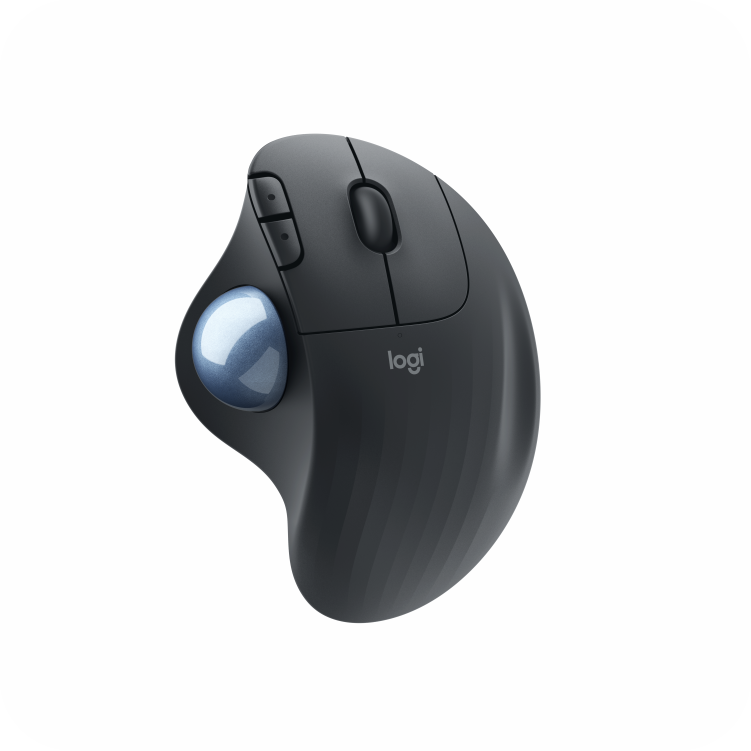 mouse ergonómico Logitech con diseño curvo y trackball azul 