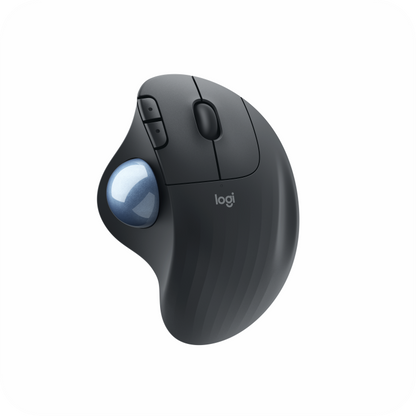mouse ergonómico Logitech con diseño curvo y trackball azul 