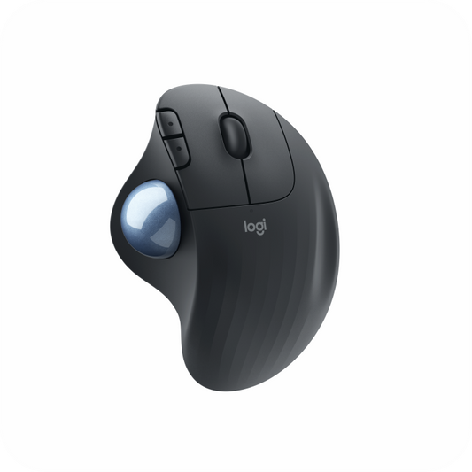 mouse ergonómico Logitech con diseño curvo y trackball azul 