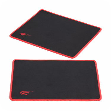angulos de mouse pad  rectangular negro con bordes y logo rojos 