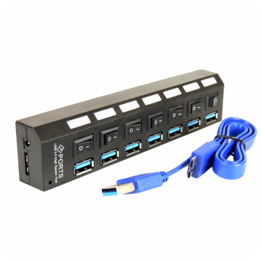 multipuerto de 7 puertos negro con detalles y cable usb azul 