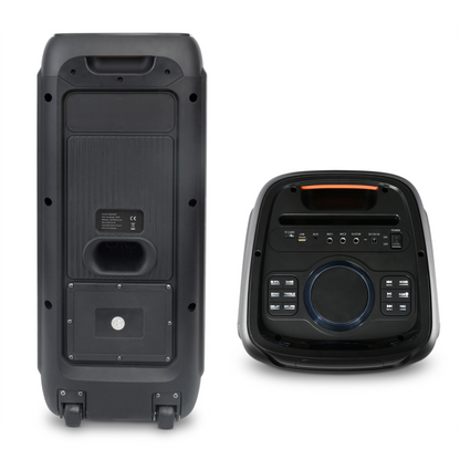 parte trasera de  panel de control de un altavoz negro portatil