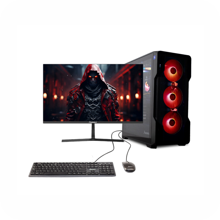 PC Gamer Janus  con torre de tres ventiladores rojos, motidor LED de 22 pulgadas, teclado y mouse incluidos 