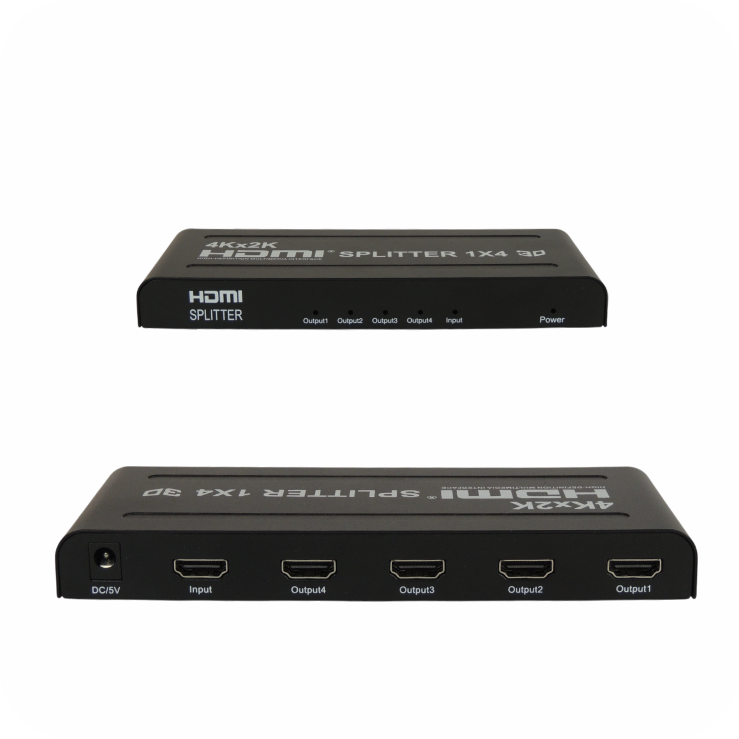 dos perspectivas de divisor  hdmi 1x4 negro en fondo blanco