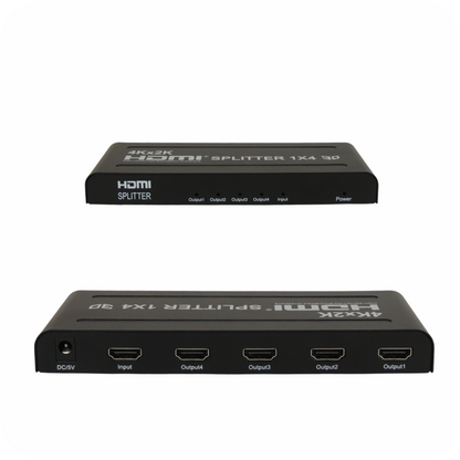 dos perspectivas de divisor  hdmi 1x4 negro en fondo blanco