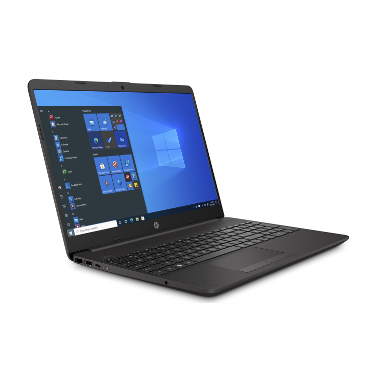 portatil hp color negro visto en angulo lateral con windows 10 con teclado completo