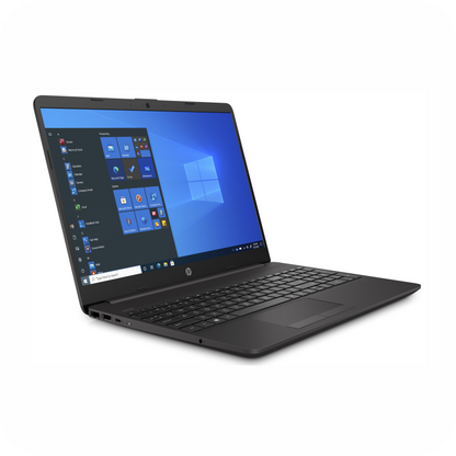portatil hp color negro visto en angulo lateral con windows 10 con teclado completo