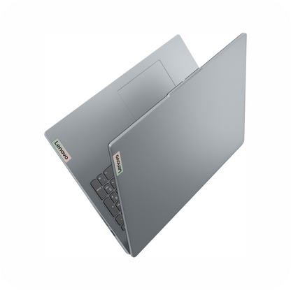 portatil Lenovo de color gris con vista superior parcialmente abierto 