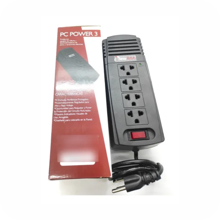 regulador newline pc power 3 con 4 tomas y caja visible 