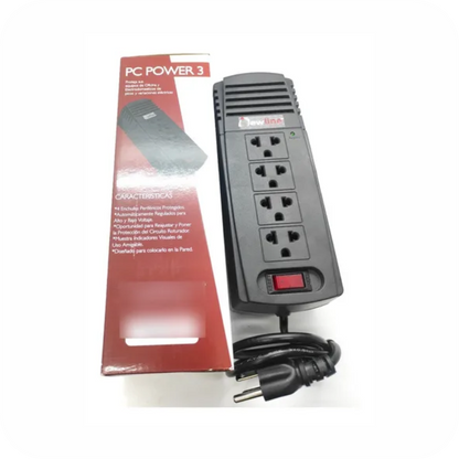 regulador newline pc power 3 con 4 tomas y caja visible 