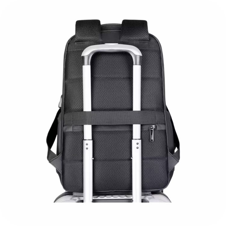 respaldo morral negro con cinta para maleta de viaje
