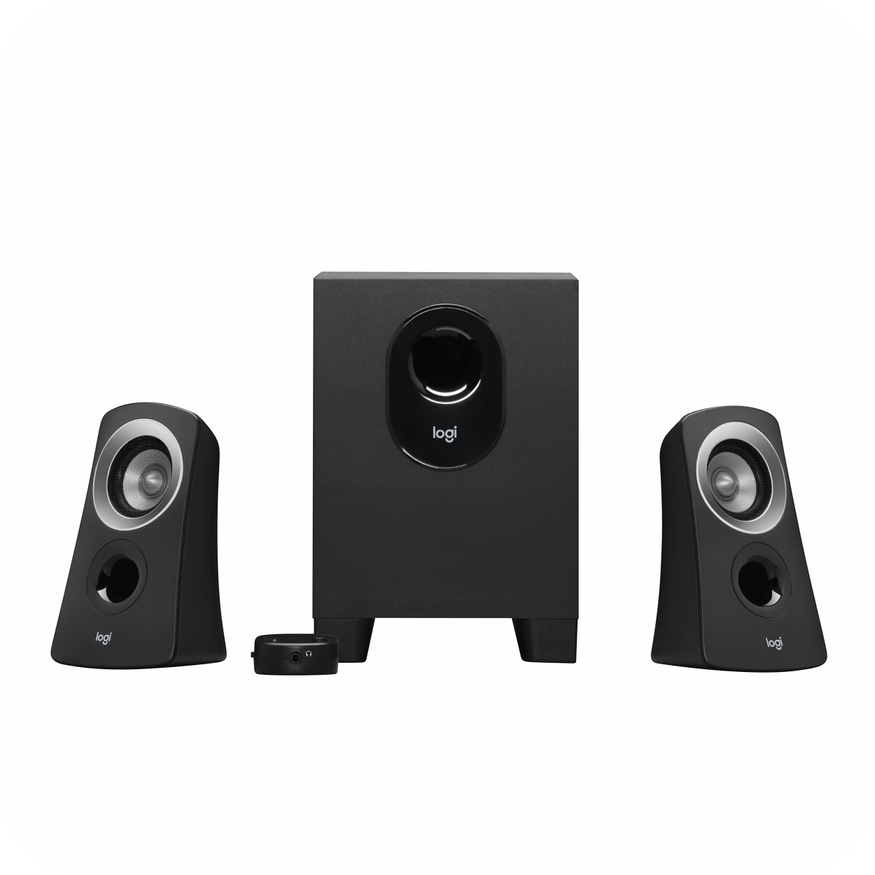 set de altavoces negros Logitech con subwoofer y controles