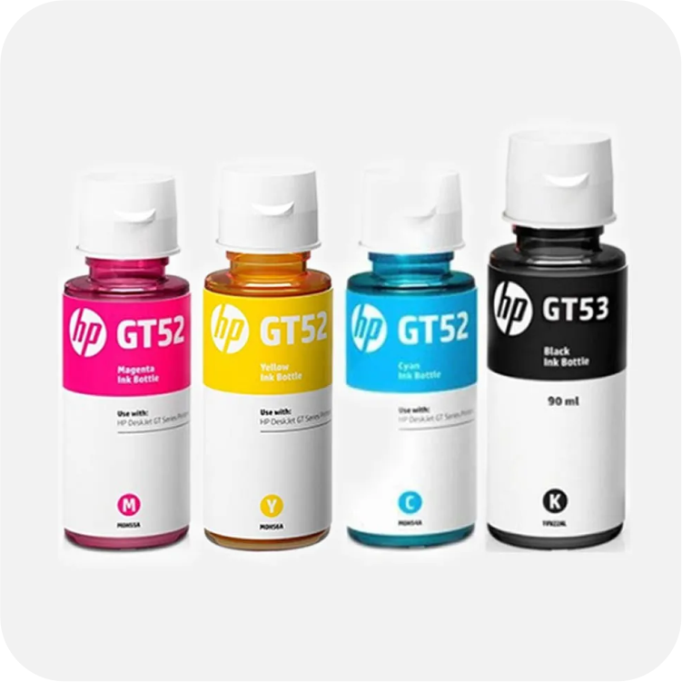 set de botellas de tinta HP en color negro, cian, magenta y amarillo