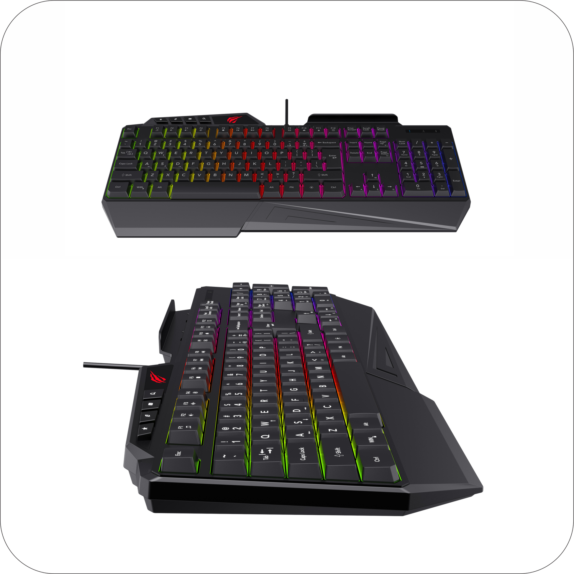dos perspectivas de teclado gaming negro con retroiluminacion rgb 