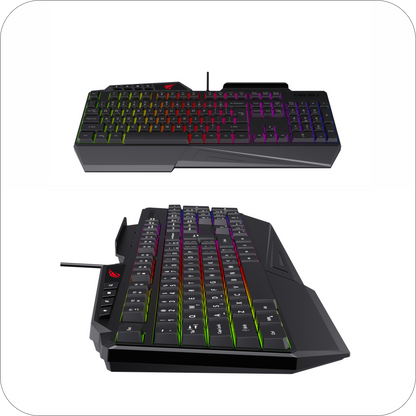 dos perspectivas de teclado gaming negro con retroiluminacion rgb 
