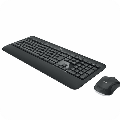 combo inalámbrico de teclado y mouse Logitech, con receptor USB, sobre fondo blanco