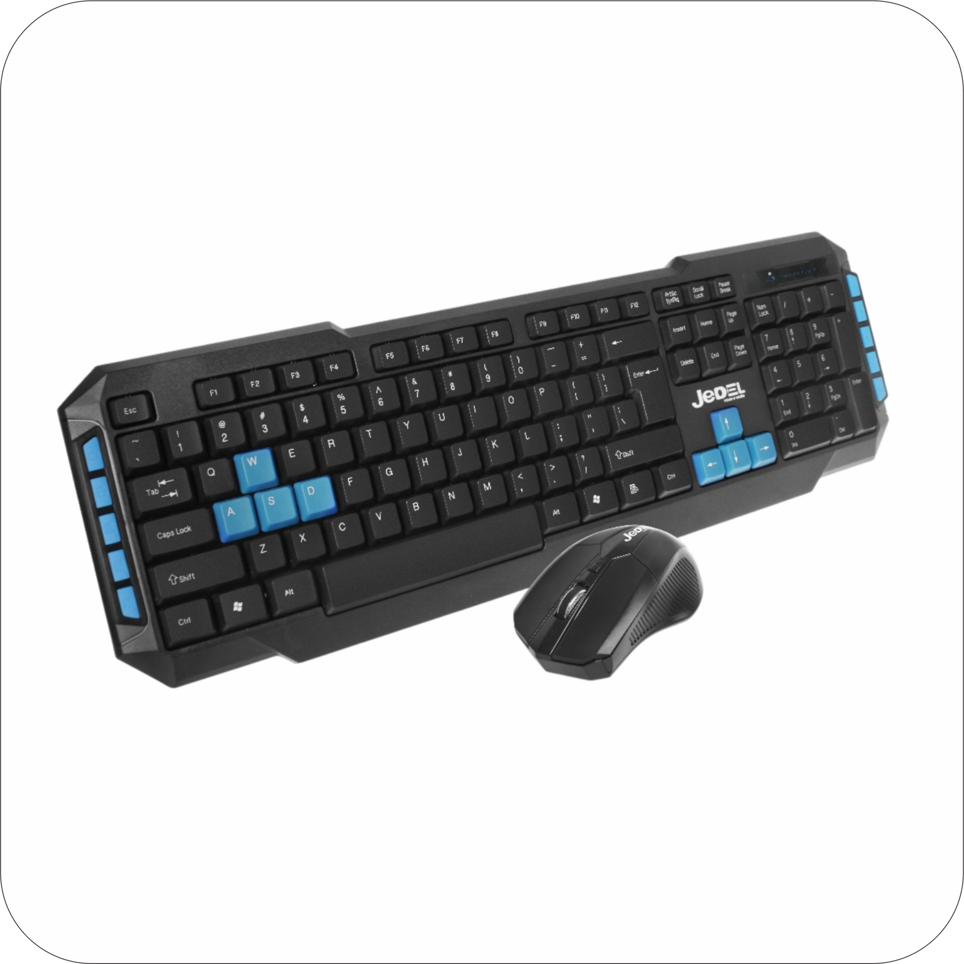 teclado y mouse jedel negros inalambricos, teclado con detalles azules