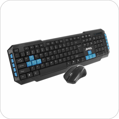 teclado y mouse jedel negros inalambricos, teclado con detalles azules