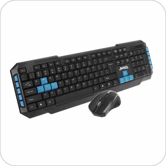 teclado y mouse jedel negros inalambricos, teclado con detalles azules