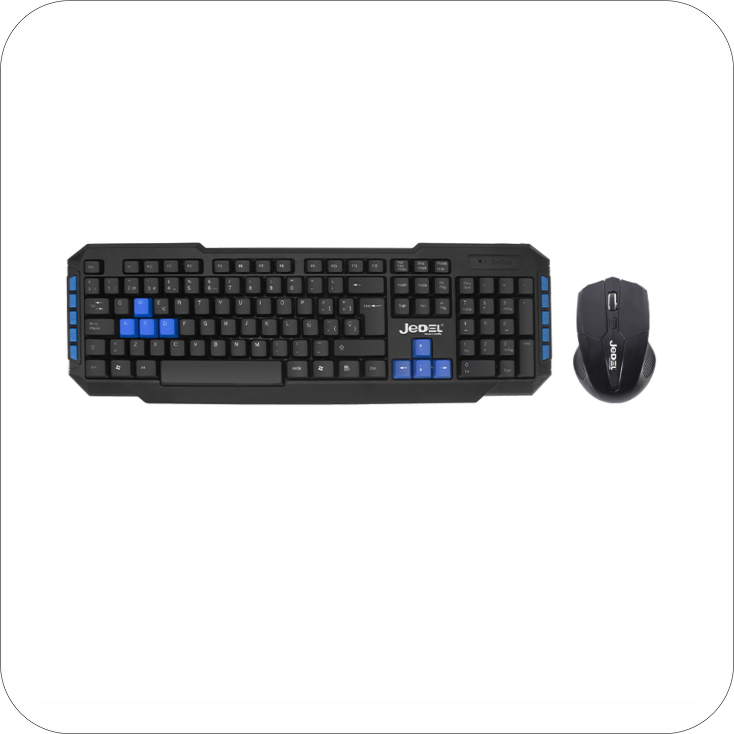 teclado y mouse jedel  inalambrircos de color negro con detalles azules sobre superficie blanca