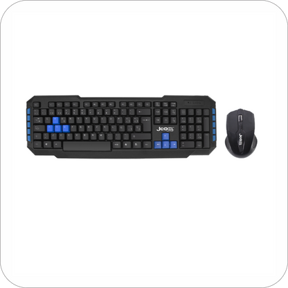 teclado y mouse jedel  inalambrircos de color negro con detalles azules sobre superficie blanca