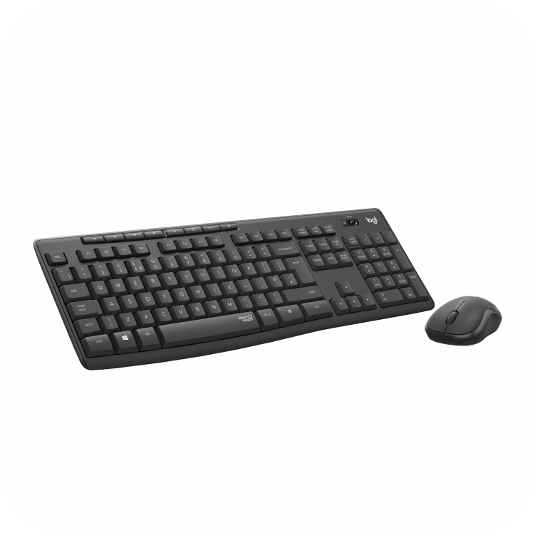 teclado y mouse Logitech en diseño negro, con receptor USB