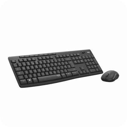 teclado y mouse Logitech en diseño negro, con receptor USB