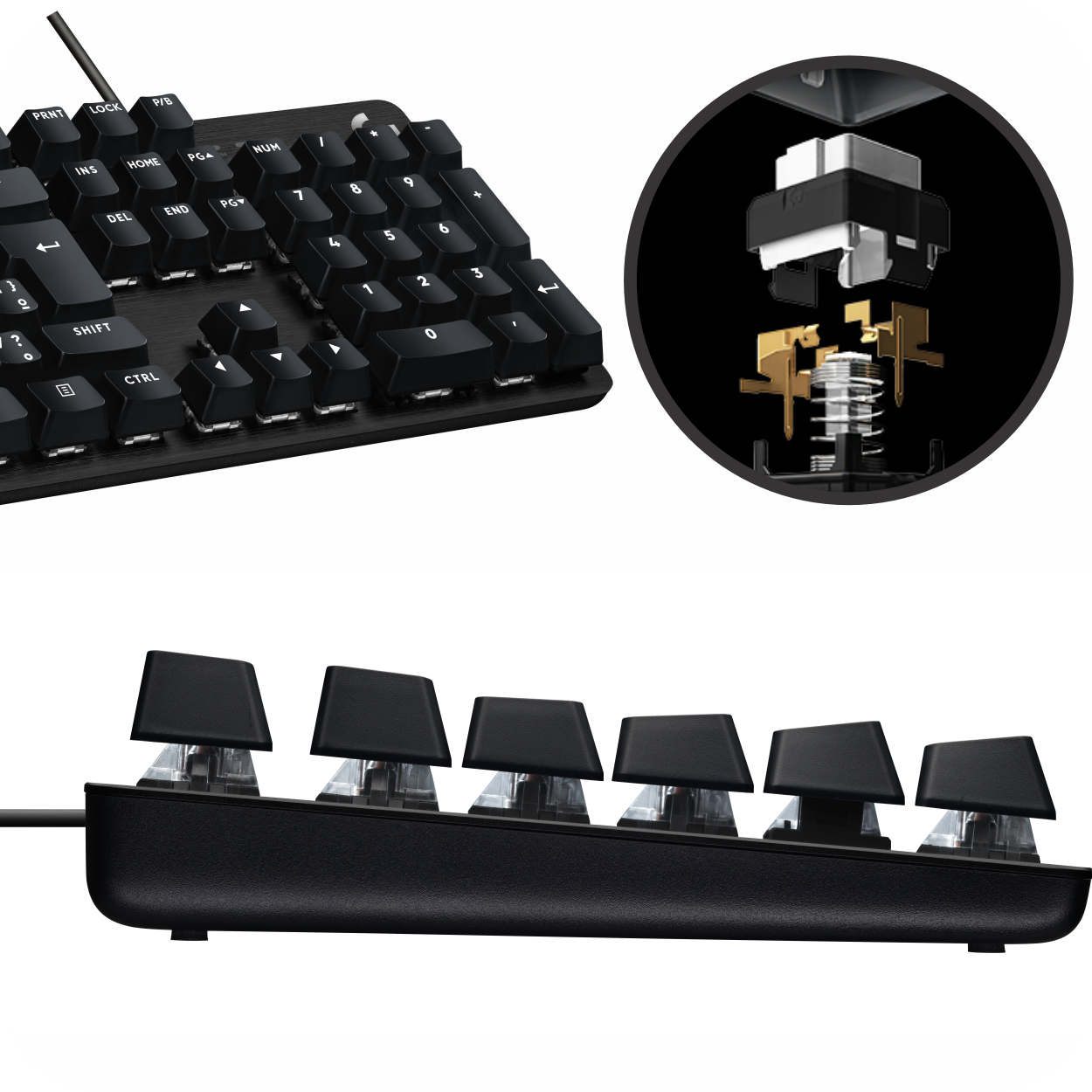 detalle de los switches mecánicos de alta precisión en teclado Logitech, con vista lateral de las teclas elevadas