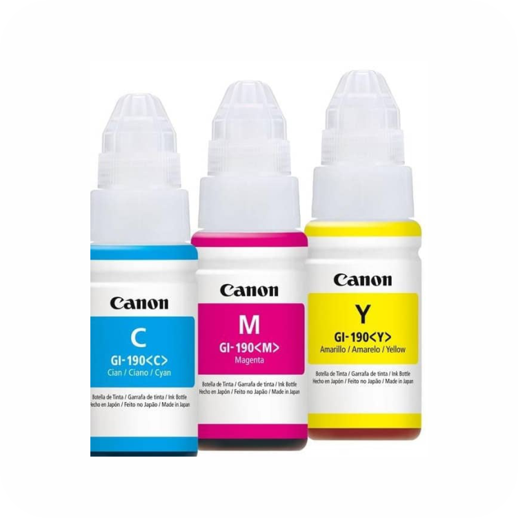 Tintas de botella Canon 190 en color cian, magenta y amarillo