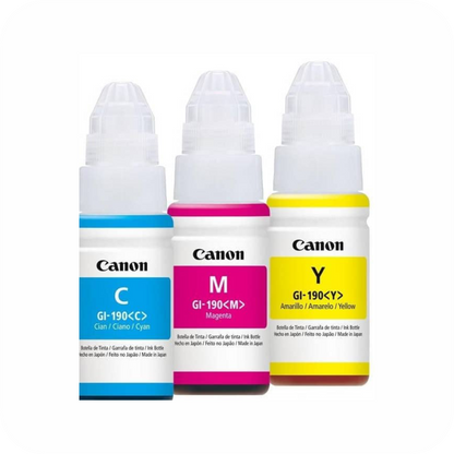 Tintas de botella Canon 190 en color cian, magenta y amarillo